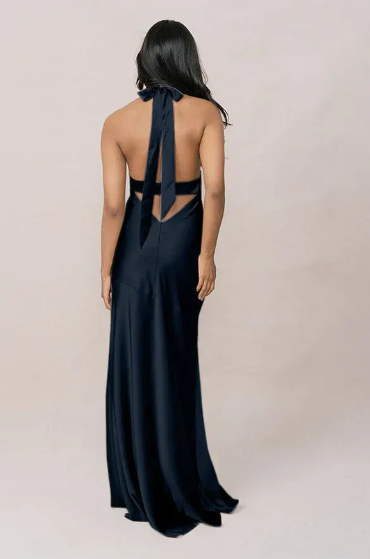 Blue Mermaid Halter Satin Open Back High Slit Wedding Dress - Yihuiw by Yihuiw