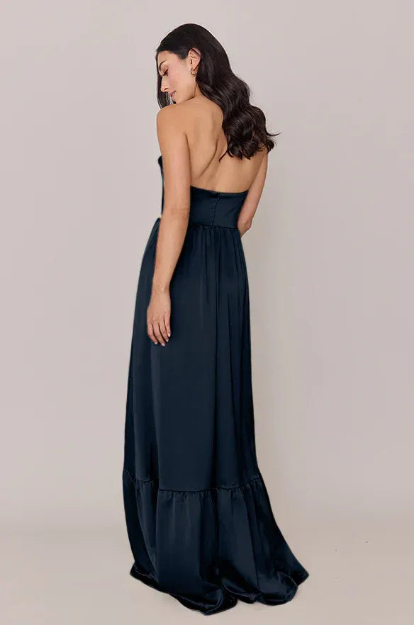 Navy Strapless Satin Lace-Up Back High Slit Wedding Dress - Yihuiw by Yihuiw