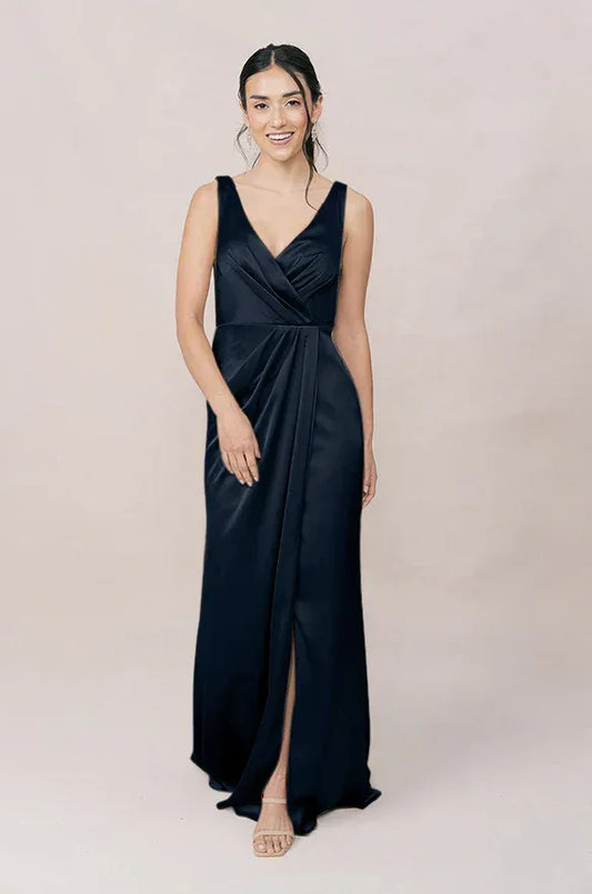 Navy Mermaid V-Neck Satin Sleeveless High Slit Wedding Dress - Yihuiw by Yihuiw