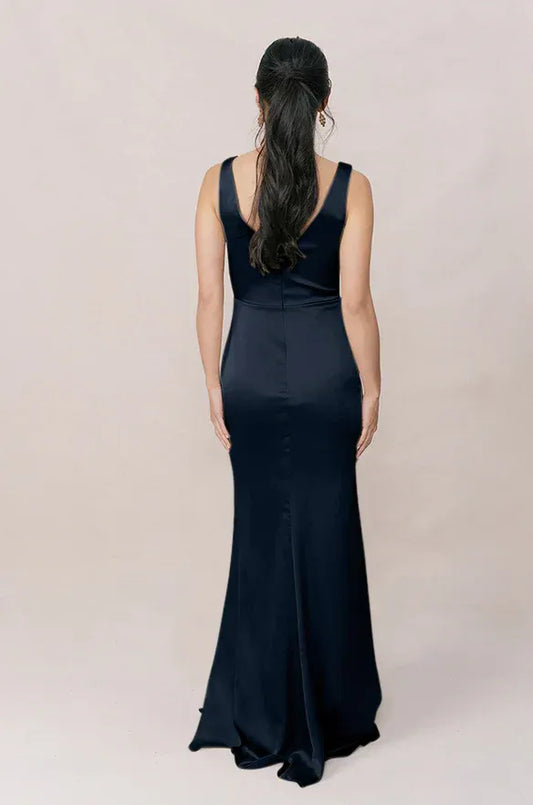 Navy Mermaid V-Neck Satin Sleeveless High Slit Wedding Dress - Yihuiw by Yihuiw
