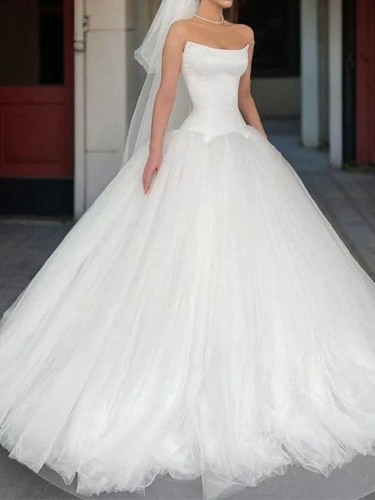 Ball Gown Strapless Tulle Lace-Up Back Mini Wedding Gown - Yihuiw by Yihuiw