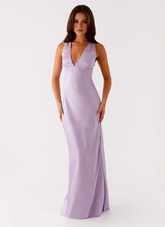 Minimalist-Lux A-line V-Neck Sleeveless Cross-Back Satin Floor-Length Prom Dress by YiHuiw