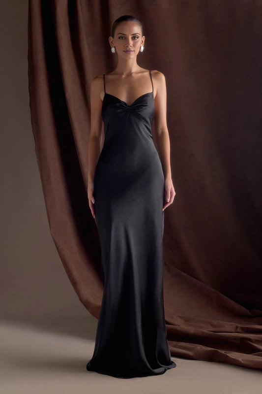 Minimalist-Lux Satin V Neck Spaghetti-Strap Plunging V-Back Floor-Length Evening Dress by YiHuiw