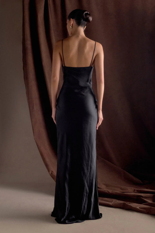 Minimalist-Lux Satin V Neck Spaghetti-Strap Plunging V-Back Floor-Length Evening Dress by YiHuiw