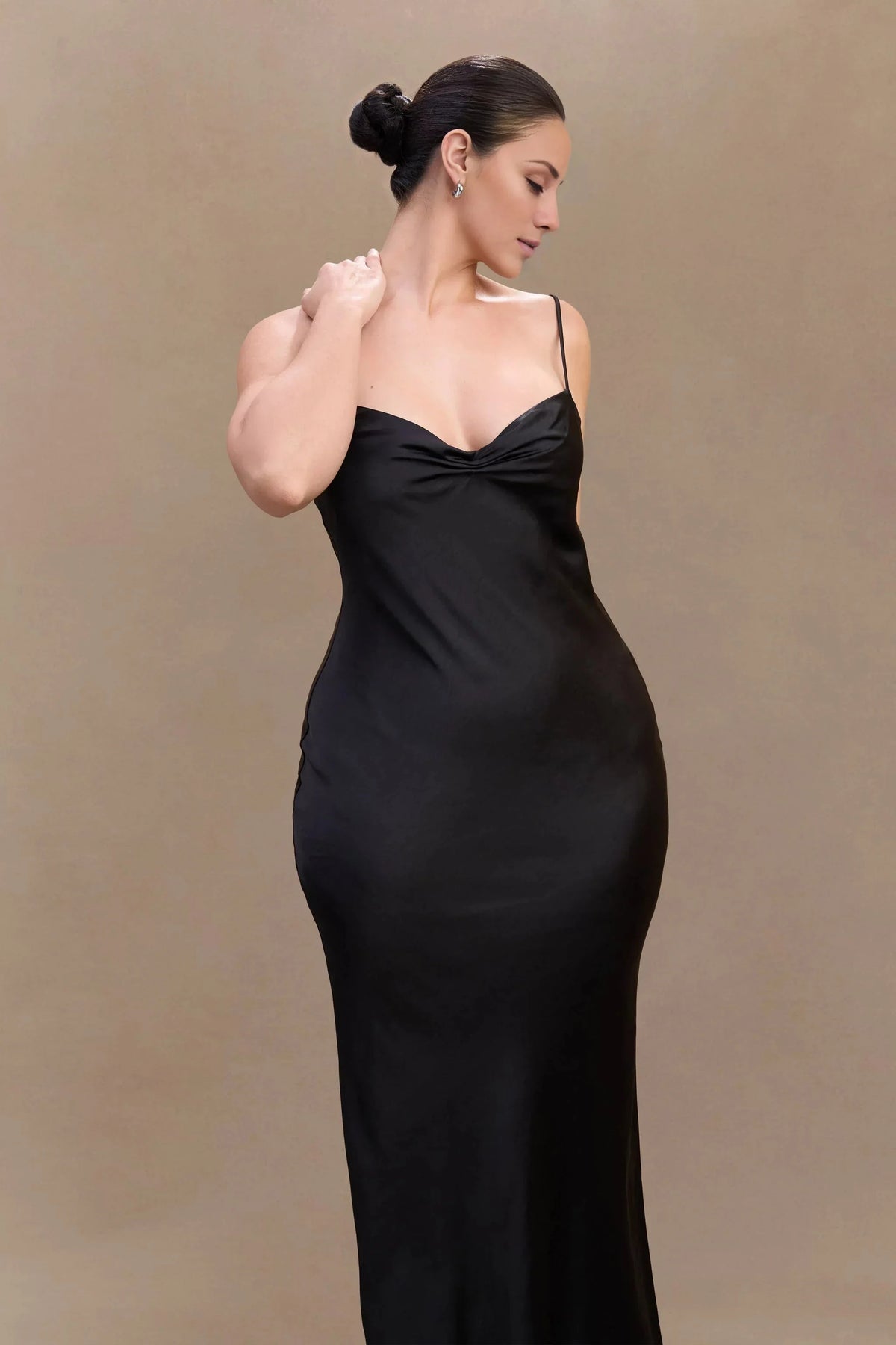 Minimalist-Lux Satin V Neck Spaghetti-Strap Plunging V-Back Floor-Length Evening Dress by YiHuiw