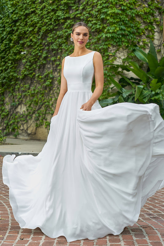 Minimalist Chiffon A-Line Bateau-Neck Sleeveless Low-Back Button-Detail Train Wedding Dress