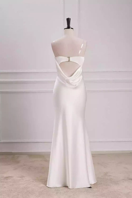 Minimalist Ivory Satin Strapless Mermaid Wedding Dress with Cowl Back