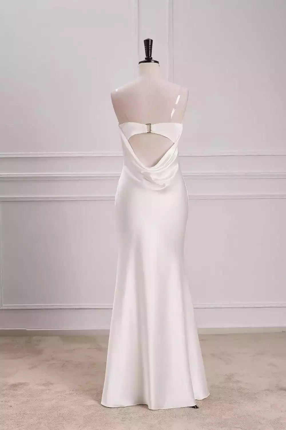 Minimalist Ivory Satin Strapless Mermaid Wedding Dress with Cowl Back