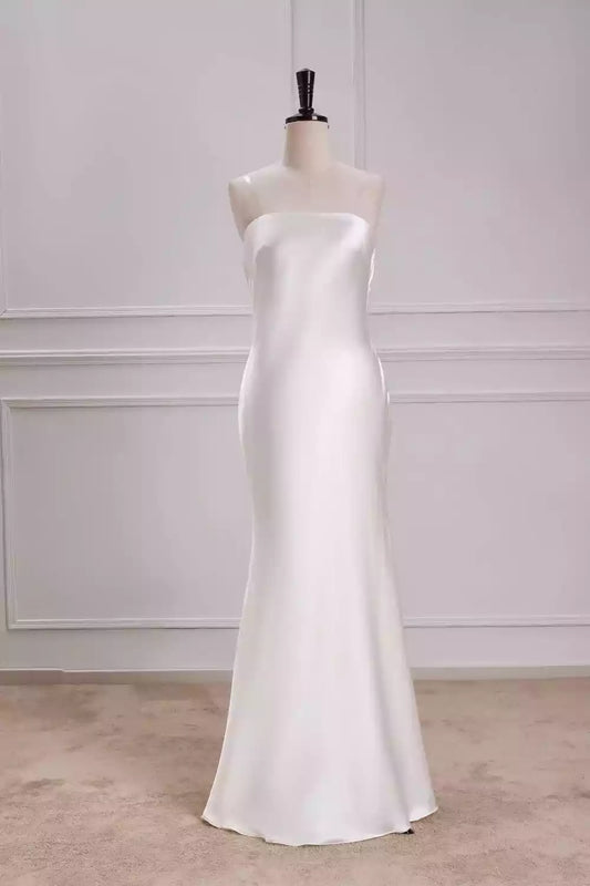Minimalist Ivory Satin Strapless Mermaid Wedding Dress with Cowl Back