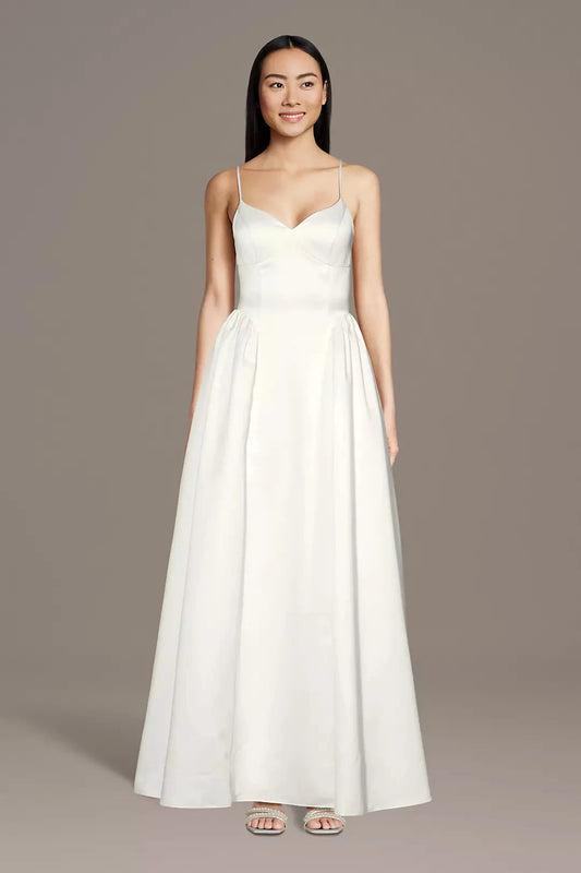 Minimalist Luxe A-Line Spaghetti-Strap V-Neck Satin Pleated Skirt Low-Back Wedding Dress by YiHuiw