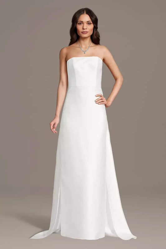 Minimalist Luxe Sheath Strapless Satin Bodice Low-Back Asymmetrical Train Wedding Dress by YiHuiw
