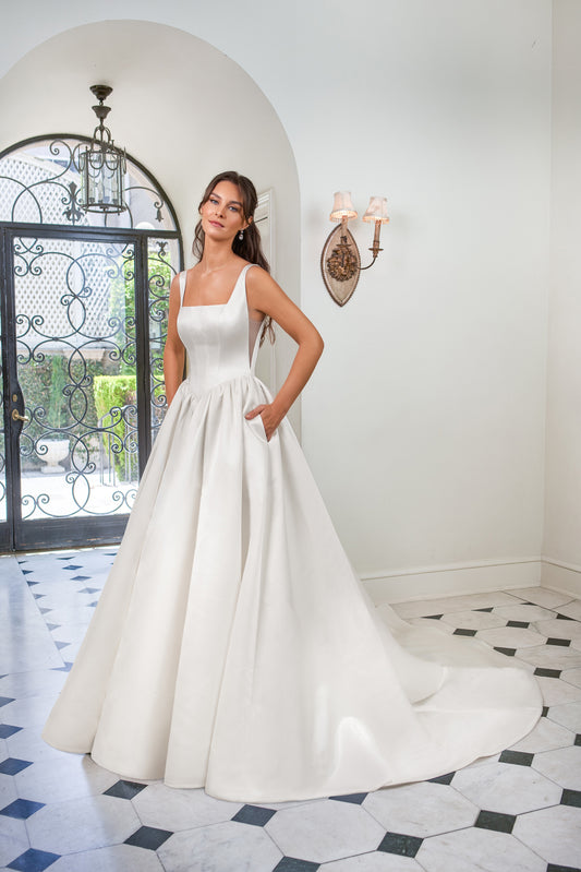Minimalist Satin A-Line Square-Neck Sleeveless Low-Back Button-Detail Train Wedding Dress