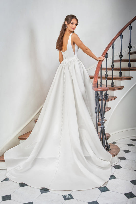 Minimalist Satin A-Line Square-Neck Sleeveless Low-Back Button-Detail Train Wedding Dress by YiHuiw