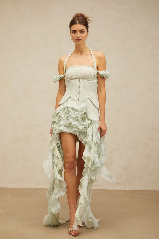 Mint Green Halter Neck Ruffled High - Low Dress green floral-appliqué asymmetrical ruffled mini dress Evening Dress by YiHuiw