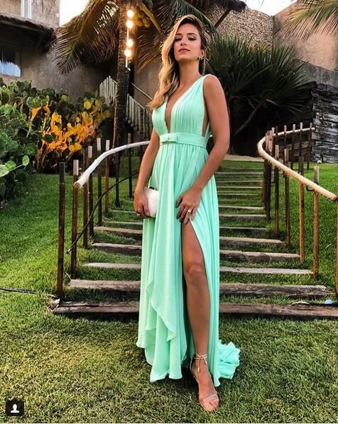 Mint Green Plunge Neck Chiffon Maxi Dress with High Slit Sexy Deep Double V Neck Chiffon Wedding and Evening Event Dress Prom Dress Party Dresses by YiHuiw