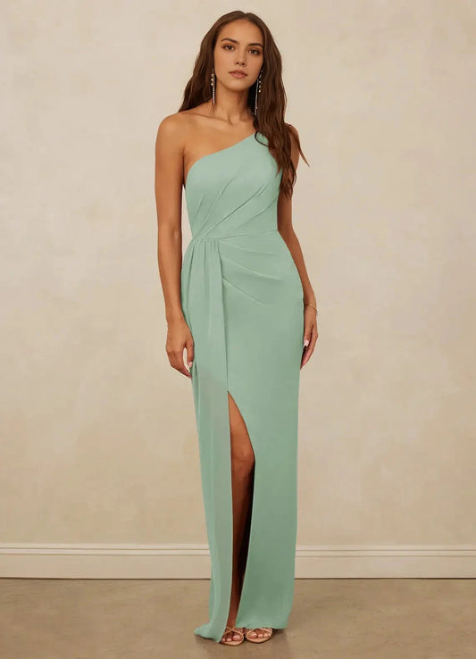 Mint Green One-Shoulder Open Back Evening Gown with Side Slit Agave Sheath One Chiffon Bridesmaid Dresses by YiHuiw