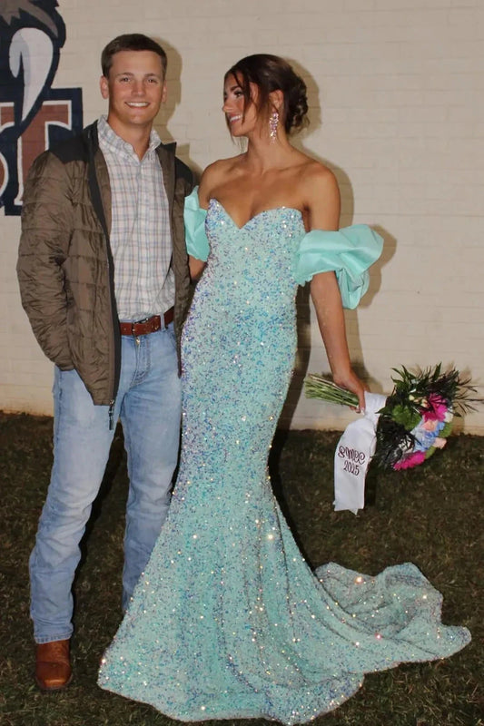 Mint Sequin Mermaid Prom Dresses Off-Shoulder Puff Sleeve Train Formal Evening Gown by JiMiss Dresses