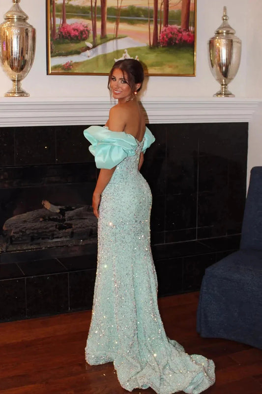 Mint Sequin Mermaid Prom Dresses Off-Shoulder Puff Sleeve Train Formal Evening Gown by JiMiss Dresses