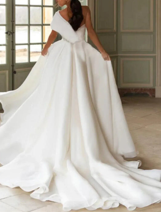 A-Line One-Shoulder Organza High Slit Wedding Dress - Yihuiw by Yihuiw