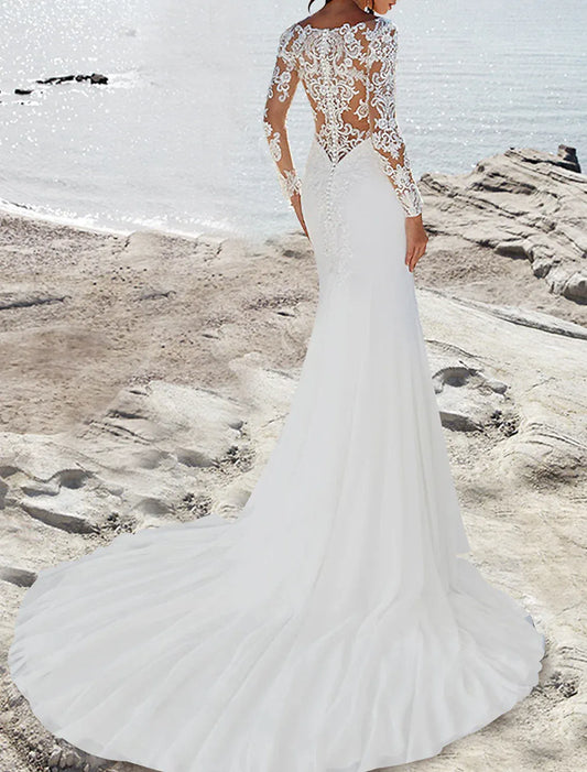 Mermaid Illusion Chiffon Long Sleeve Train Wedding Dress - Yihuiw by Yihuiw
