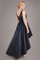 Modern A-Line Lace Illusion Neckline Sleeveless High-Low Satin Mother of the Bride Dress