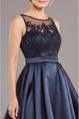 Modern A-Line Lace Illusion Neckline Sleeveless High-Low Satin Mother of the Bride Dress