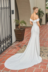 Modern Crepe Mermaid Off-the-Shoulder Sweetheart Low-Back Button-Detail Train Wedding Dress