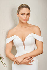 Modern Crepe Mermaid Off-the-Shoulder Sweetheart Low-Back Button-Detail Train Wedding Dress