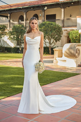 Modern Crepe Mermaid Spaghetti-Strap Cowl-Neck Low-Back Button-Detail Train Wedding Dress
