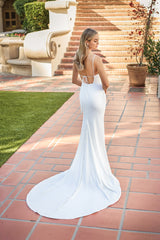 Modern Crepe Mermaid Spaghetti-Strap Cowl-Neck Low-Back Button-Detail Train Wedding Dress