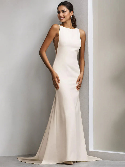 Modern Minimalist Ivory Bateau Neck Sleeveless Plunge Back Mermaid Floor-Length Wedding Dress with Chapel Train