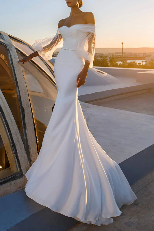Modern Off-the-Shoulder Mermaid Wedding Dress with Sheer Tulle Sleeves & Cathedral Train