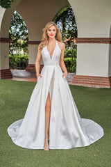 Modern Satin A-Line Halter V-Neck High-Slit Low-Back Train Wedding Dress