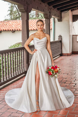 Modern Satin A-Line Spaghetti-Strap Cowl-Neck High-Slit Low-Back Train Wedding Dress