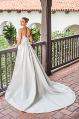 Modern Satin A-Line Spaghetti-Strap Cowl-Neck High-Slit Low-Back Train Wedding Dress