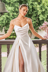 Modern Satin A-Line Spaghetti-Strap Cowl-Neck High-Slit Low-Back Train Wedding Dress