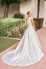 Modern Satin Ballgown One-Shoulder Bow-Detail Low-Back Button-Detail Train Wedding Dress