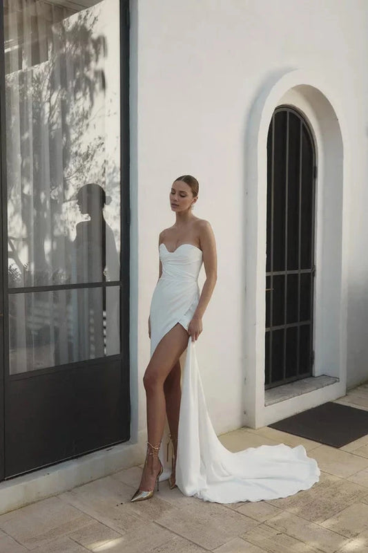 Modern Satin Mermaid Strapless Sweetheart Ruched-Bodice High-Slit Train Wedding Dress by YiHuiw