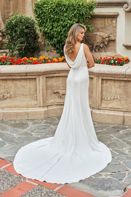 Modern Satin Mermaid V-Neck Sleeveless Cowl-Back High-Slit Train Wedding Dress by YiHuiw