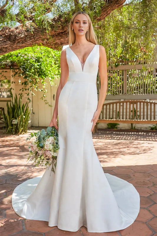 Mermaid Satin Sleeveless Open Back Train Wedding Dress - Yihuiw by Yihuiw