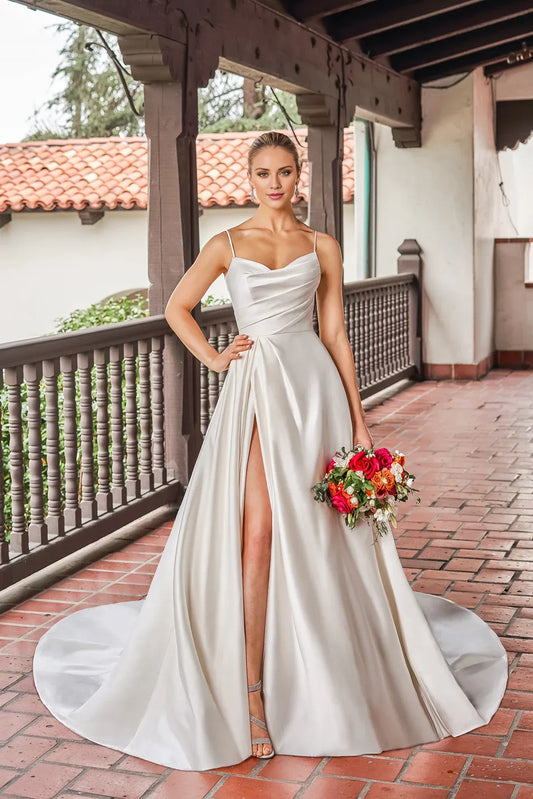 Spaghetti Strap Satin Open Back High Slit Wedding Dress - Yihuiw by Yihuiw