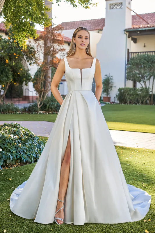 Square Neck Satin Open Back High Slit Wedding Dress - Yihuiw by Yihuiw