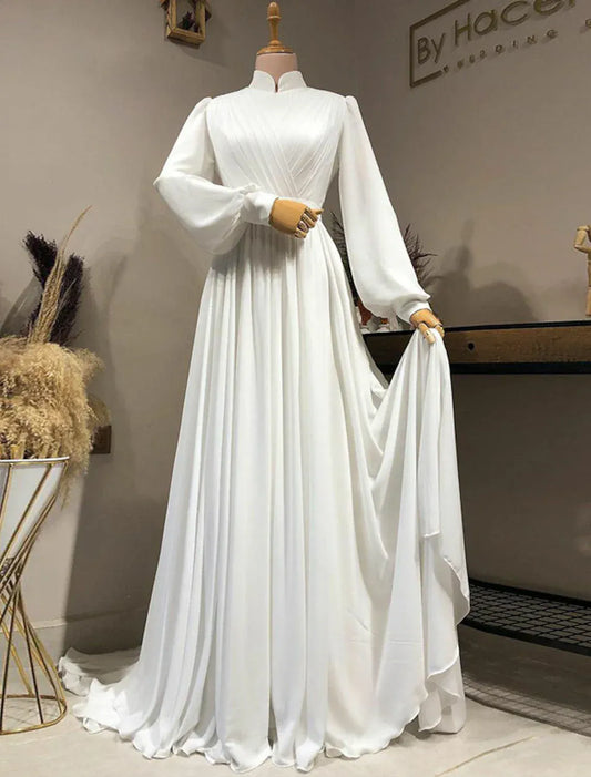 A-Line Chiffon Long Sleeve Train Wedding Dress - Yihuiw by Yihuiw