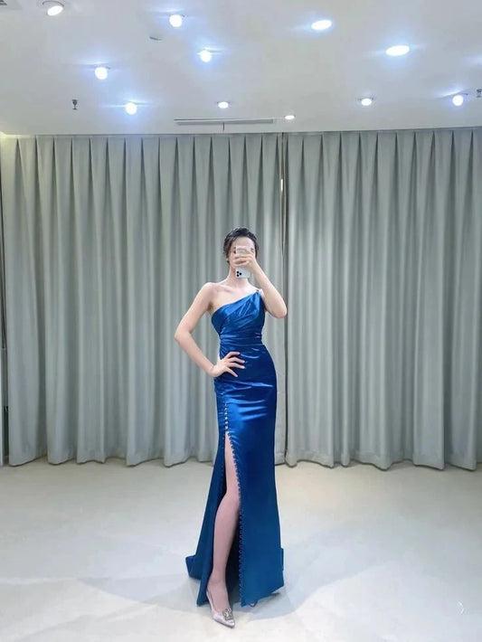 Modest Sheath One Shoulder Satin Long Prom Gown Summer Wedding Guest Dress Bridal Guest Dresses Wedding Outfits For Guest simple gentle atmospheric and unique desi Bring summer colors to enhance whiteness by YiHuiw