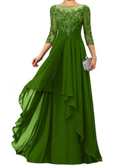 Sheath / Column Mother of the Bride Dress Elegant Jewel Neck Floor Length Chiffon Lace 3/4 Length Sleeve with Appliques