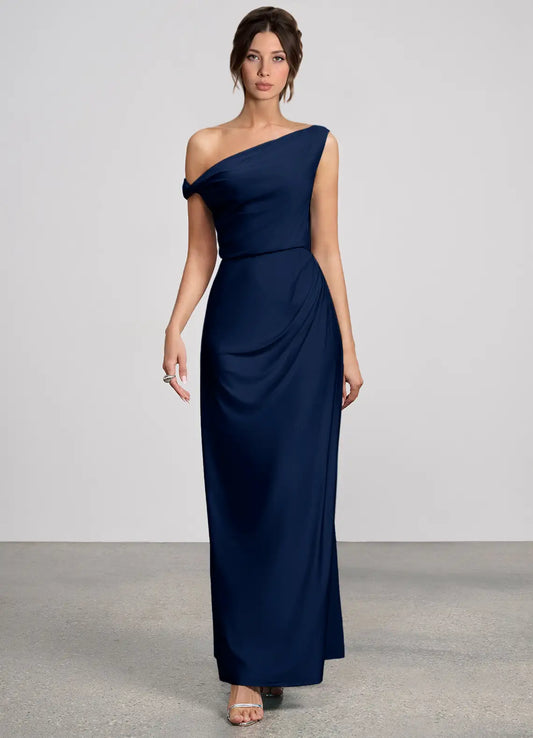 Navy Mermaid Off-Shoulder Satin Asymmetric Floor-Length Wedding Dress - Yihuiw by Yihuiw