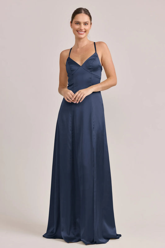 Navy Blue A-Line V-Neck Satin Wedding Dress - Yihuiw by Yihuiw