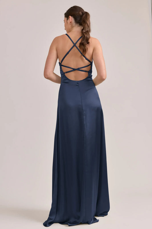 Navy Blue A-Line V-Neck Satin Wedding Dress - Yihuiw by Yihuiw