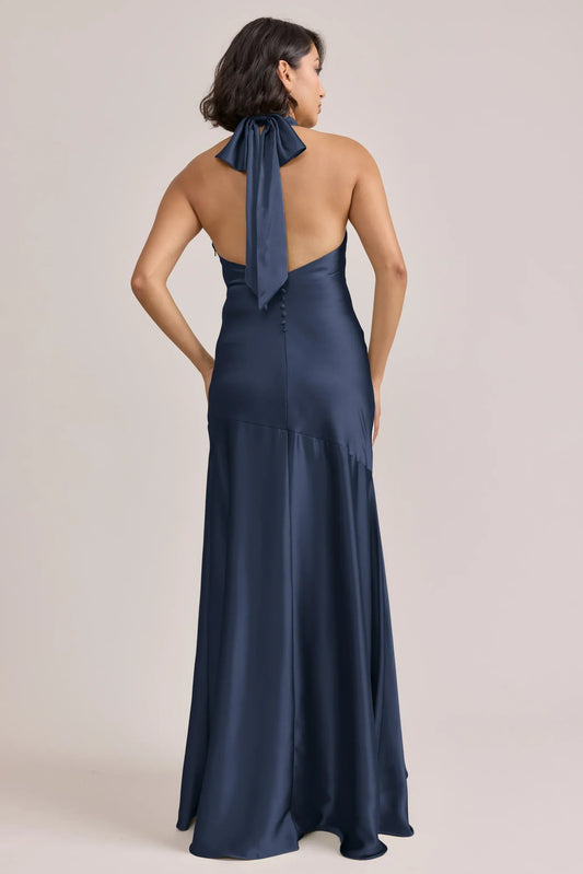Navy Blue Mermaid Halter Satin Button Back Wedding Dress - Yihuiw by Yihuiw