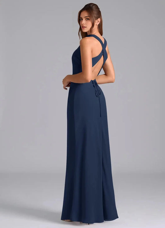 Navy Blue High Neck Crisscross Back Evening Gown A-Line Pleated Chiffon Dress Bridesmaid Dresses by YiHuiw